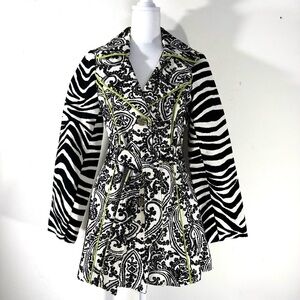 3 Sisters black and white Paisley Brocade Trench Coat Zebra Sleeves Sz Small